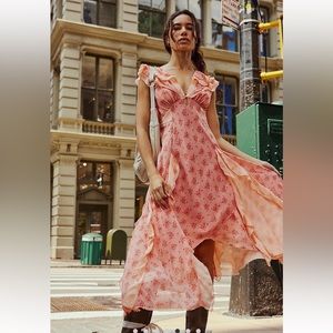 Joaquin pink floral midi dress FREE PEOPLE